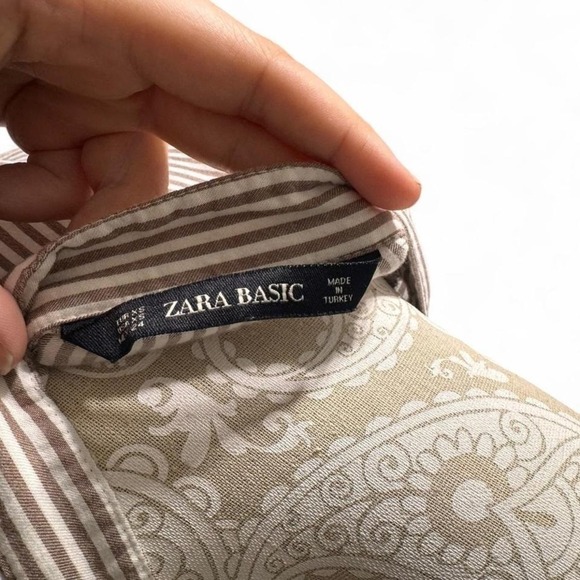 Zara Basic beige & white striped ruffle button blouse, lightweight, size S - Picture 7 of 8